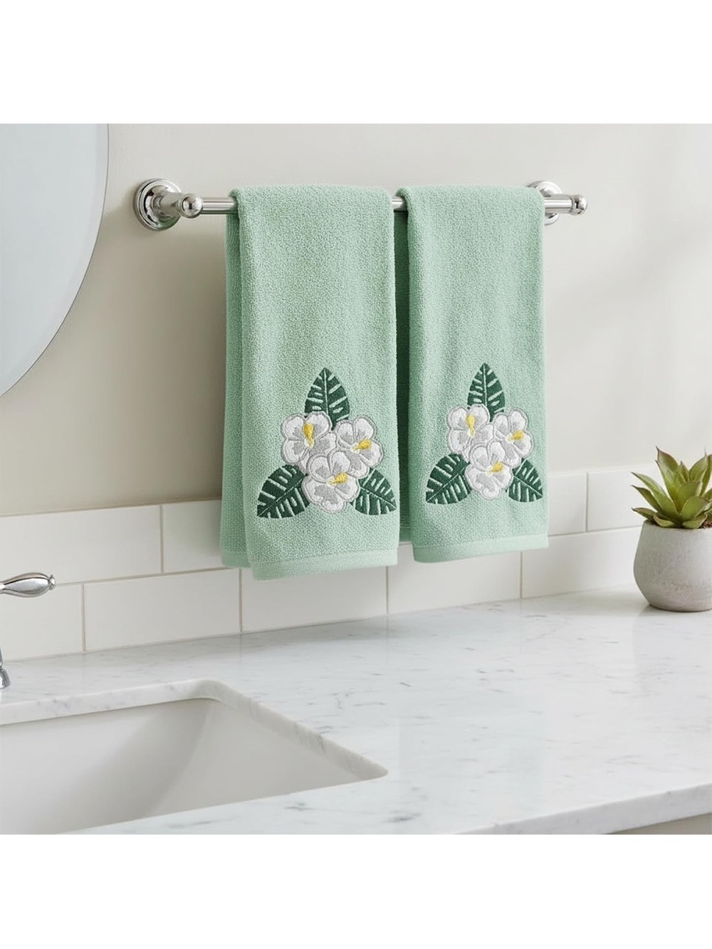 Embroidered Plumeria Hand Towels - Seafoam Green